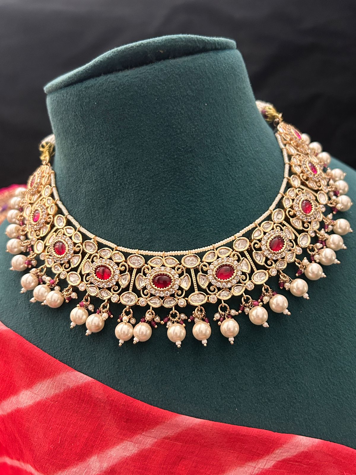 Elegant Red Kundan Pearl Bridal Necklace Set with Jhumka Earrings